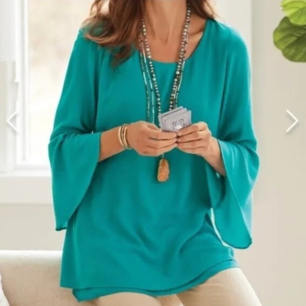 SOFT SURROUNDINGS Women’s Size PS Peacock Green Gabby Gauze Bell Sleeve Tunic
